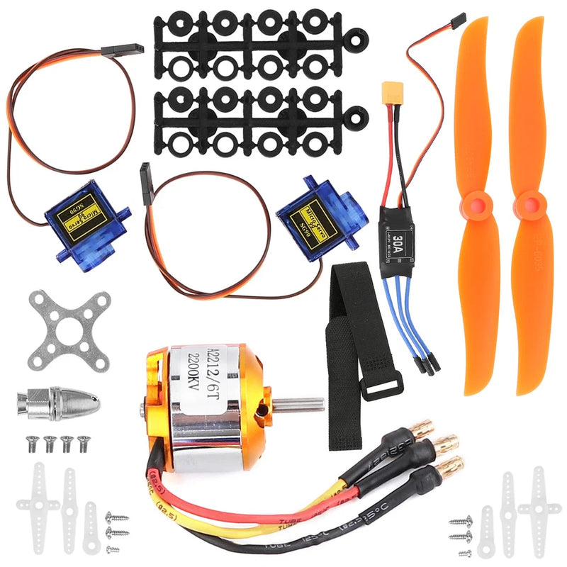 RC drone motor combo set with orange propellers, wiring, and mounting hardware
