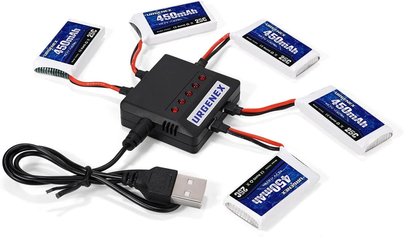 5PCS 3.7V 450mAh Drone Battery 25C 1S Lipo Battery with Molex Plug 5in1 Charger Battery