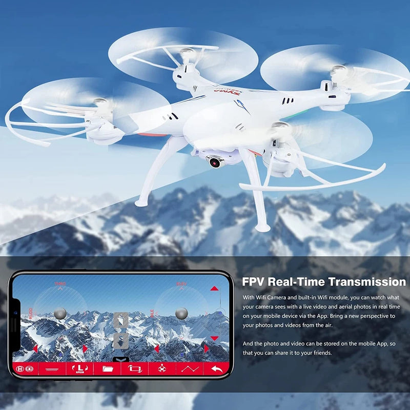 White quadcopter drone with front camera, four propellers, and landing legs