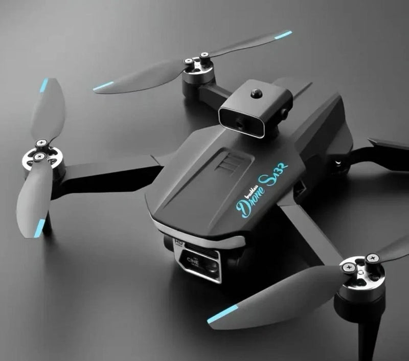 Gray quadcopter drone with front camera mount and four propellers