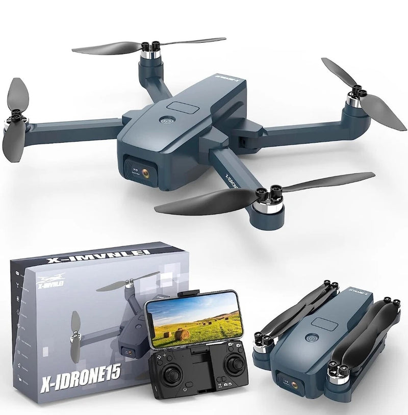 Drone with camera, gray body and four propellers, with controller display shown