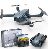Drone with camera, gray body and four propellers, with controller display shown