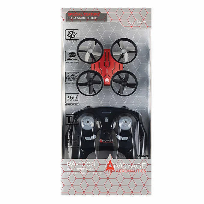 Palm-sized quadcopter drone with four propellers, shown in retail box packaging