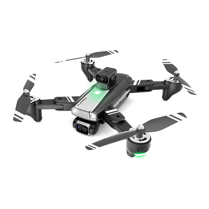 Folding quadcopter drone with front dual camera and four propellers