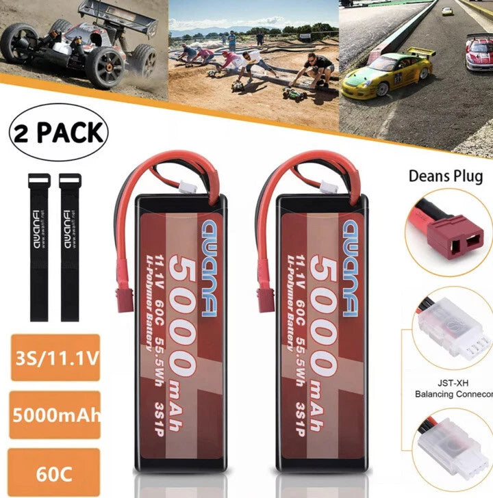 NEW Awanfi 5000Mah 60C 11.1V 3S Hardcase Lipo W Deans Connector Set Of 2 Battery