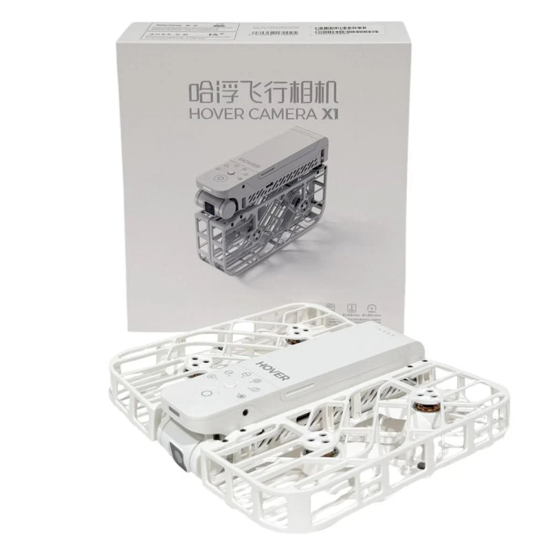 White hover camera drone with protective frame and retail box