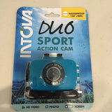 Waterproof teal action camera with fixed lens, HD video, photo, and LCD screen