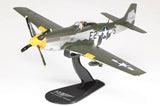 Olive green P-51D Mustang model airplane on black stand with USAAF decals