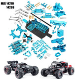 Blue RC car replacement spare parts set with chassis, arms, shocks, and screws