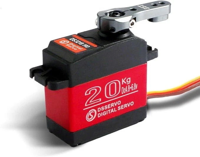 Digital servo motor with metal gear, red and black housing, with orange wire lead