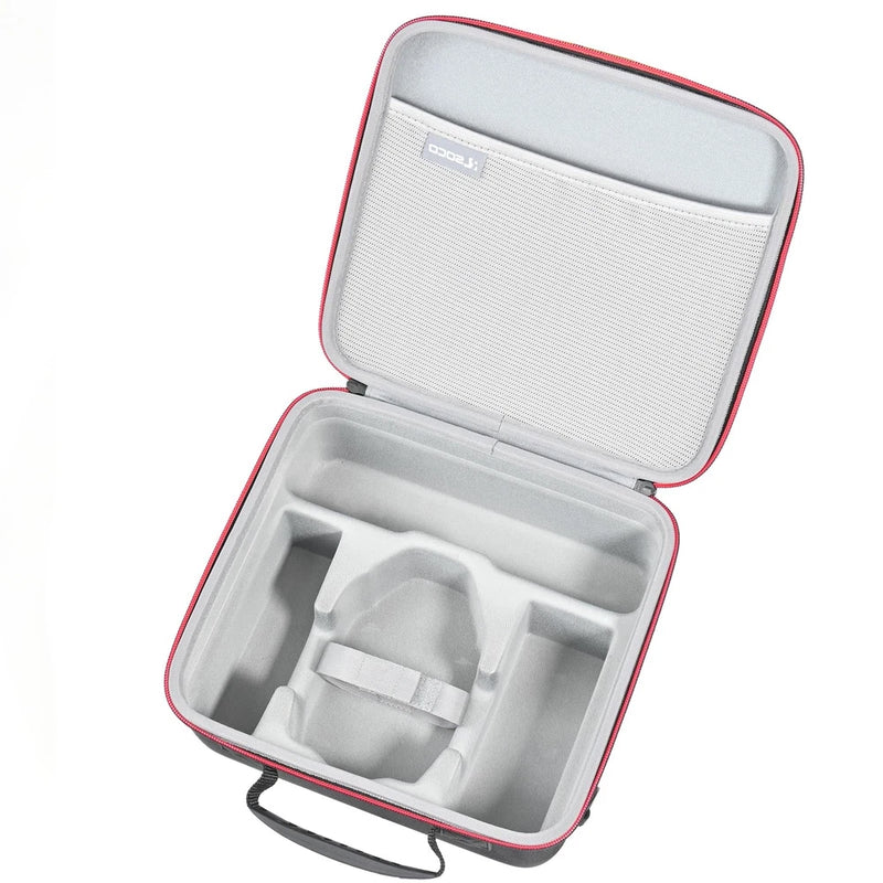 Hard drone accessory case with red trim, open foam compartments for accessories