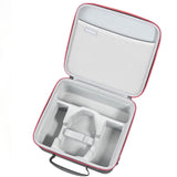Hard drone accessory case with red trim, open foam compartments for accessories