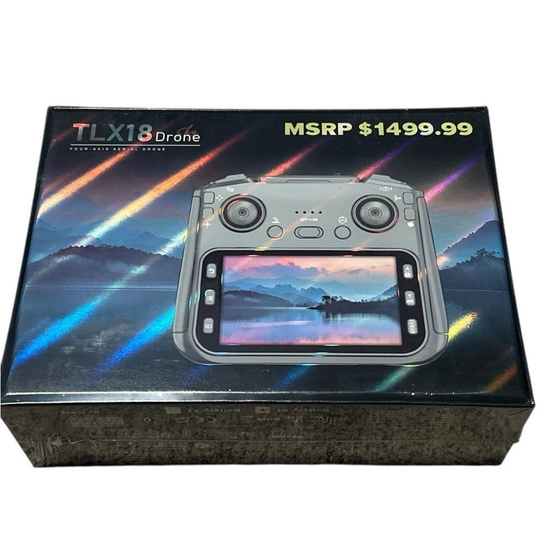 Drone controller retail box showing TLX18 transmitter with built-in screen display