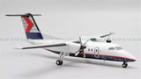 White twin turboprop aircraft model with red and navy tail, front propellers and landing gear