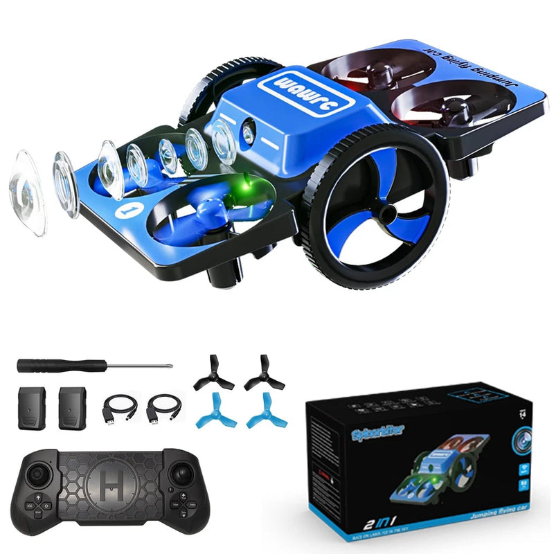 Blue mini RC quadcopter camera drone with controller, batteries, propellers, and box