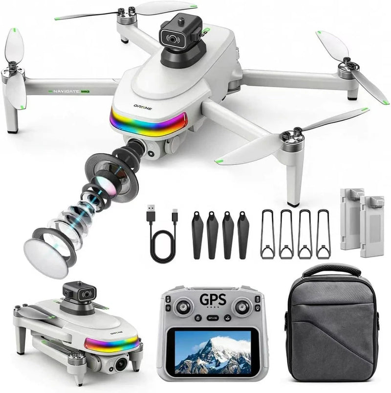 White GPS drone with 4K camera, touchscreen controller, and carrying bag with accessories