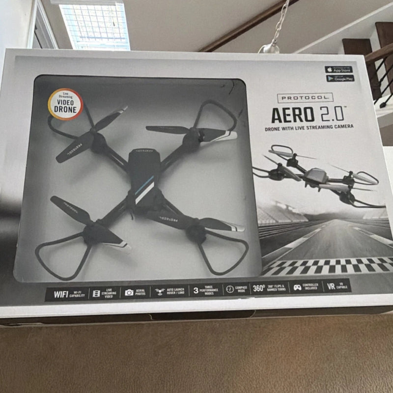 PROTOCOL Aero 2.0 drone box with live streaming camera artwork and drone illustrations