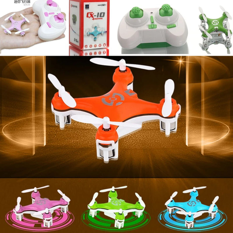 Orange and white RC quadcopter drone with four propellers and LED lights
