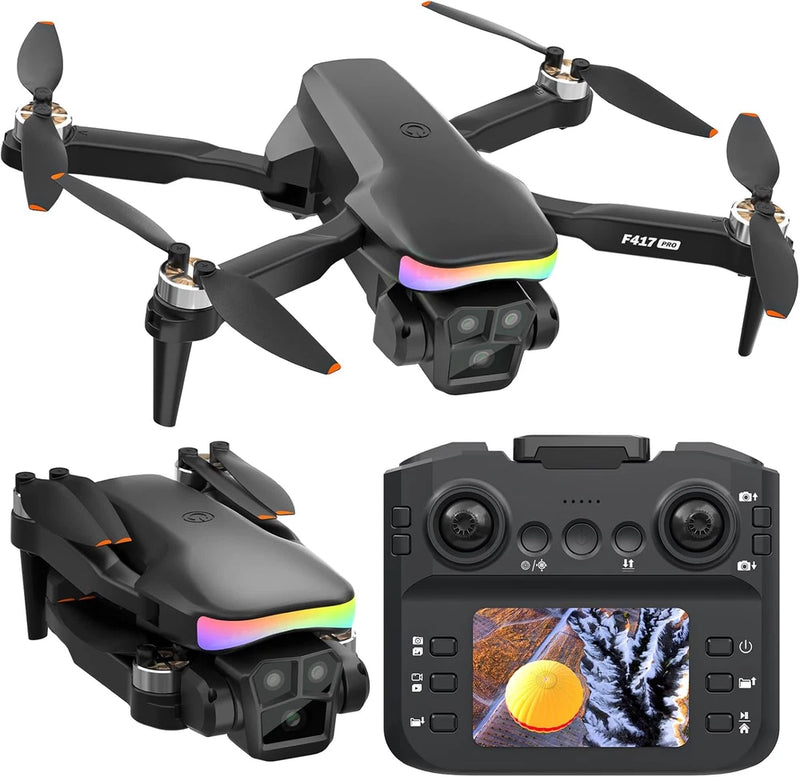 Black mini quadcopter drone with camera and lit LED ring, plus controller screen