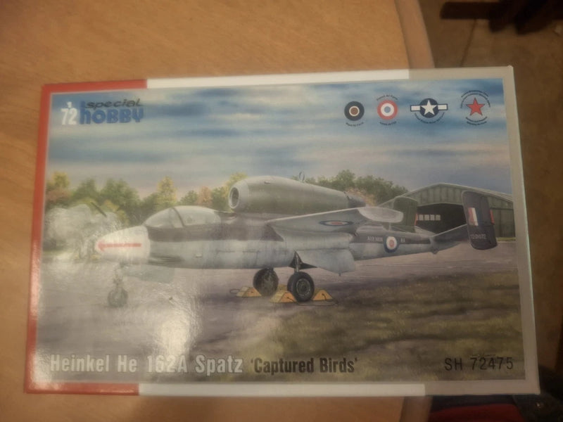 Heinkel He 162A Spatz captured-birds model airplane kit box, gray jet with landing gear