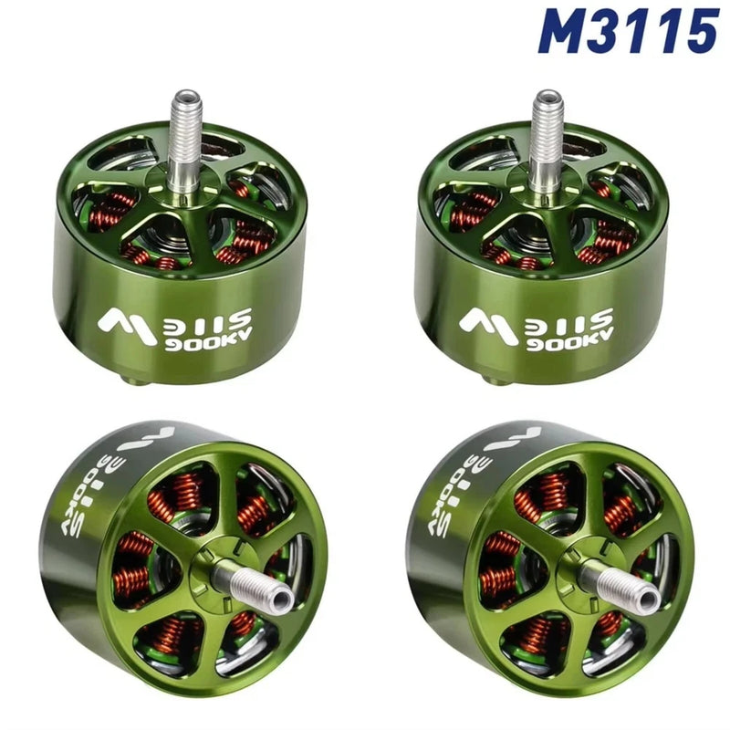 Set of four green M3115 brushless motors with exposed copper coils