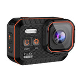 Waterproof action camera with black body, orange trim, wide lens and control buttons