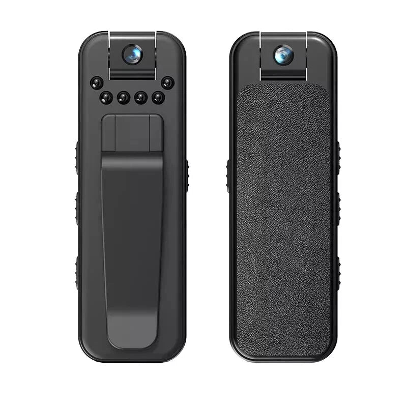 Black portable body camera with front lens and rear textured panel