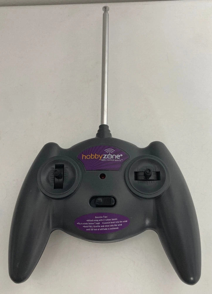 RC transmitter with long antenna and dual control sticks, HobbyZone logo on front