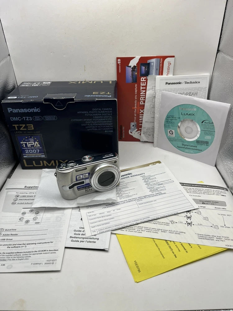 Panasonic Lumix DMC-TZ3 7.2MP Digital Camera Leica 10x Zoom Boxed Tested VGC