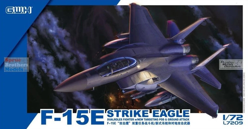 1:72 F-15E Strike Eagle model kit with targeting pod, blue-gray fighter on box