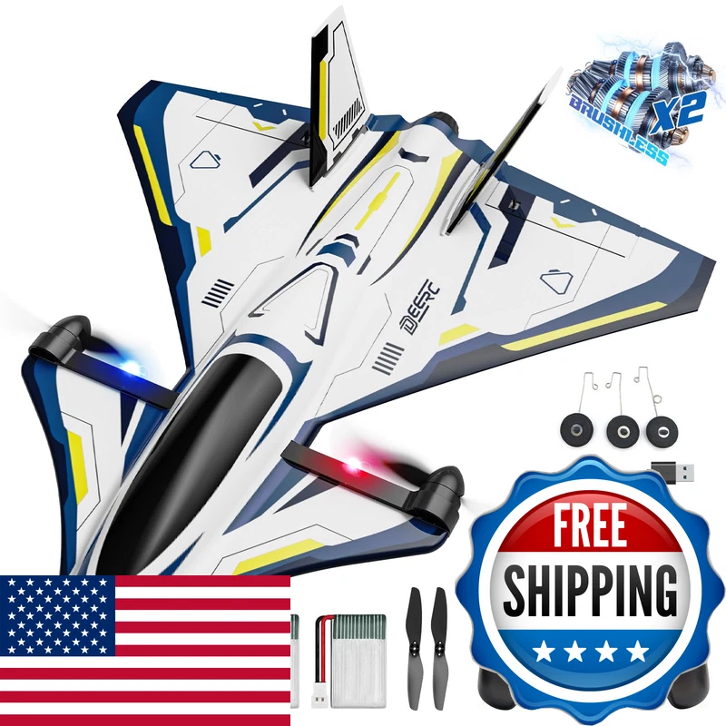 DEERC 4-channel RC jet airplane with LED lights, blue and white sci-fi design