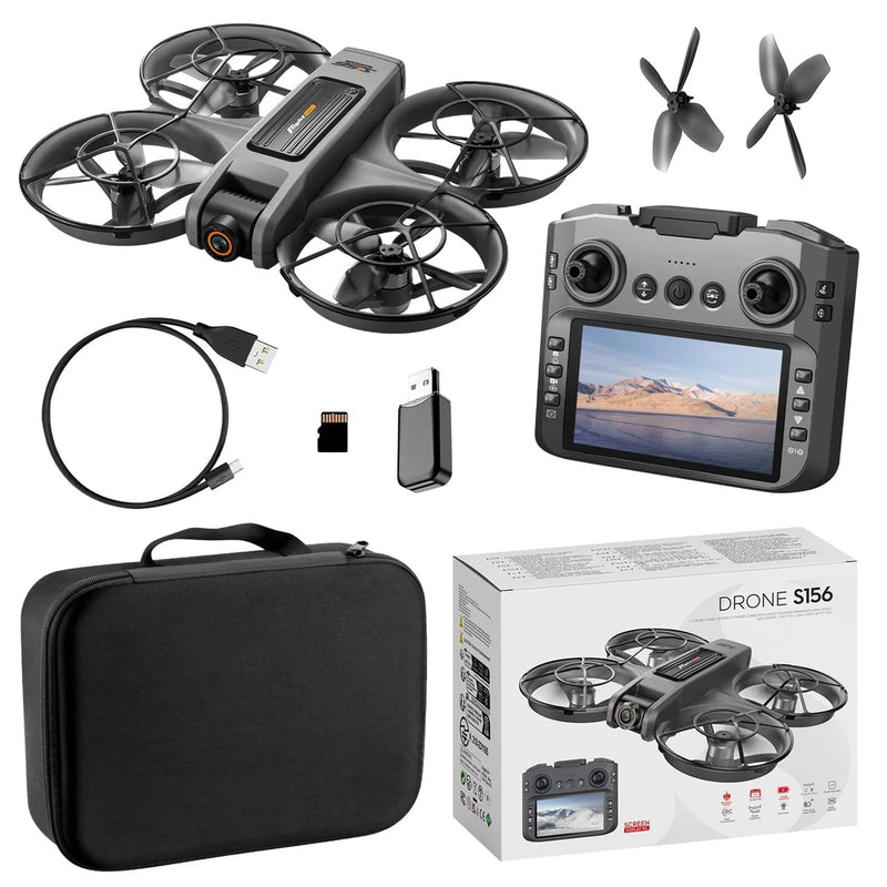 Dark grey drone kit with controller screen, four propellers, and carrying case