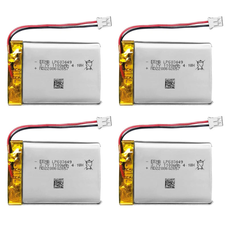 4-Pack 3.7V 1100mAh LiPo Rechargeable Batteries with JST Connector - High Capaci Battery