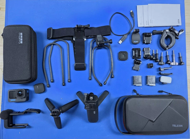 GoPro HERO12 Creator Edition action camera kit with case, mounts, batteries, and accessories