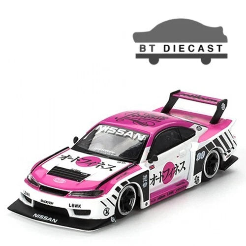 1:64 die-cast race car, pink with white racing stripes and Nissan branding, front 3/4 view