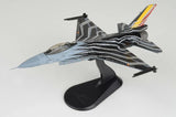 Gray F-16AM model fighter plane with Belgian Air markings, mounted on black stand