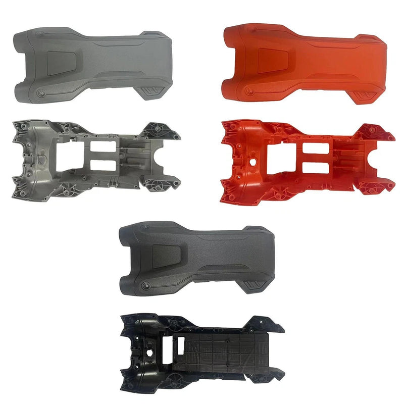 Drone body shell cover, lightweight plastic casing in gray, orange, and black views