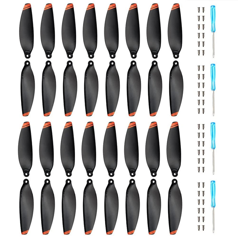 32-piece drone propeller set with black blades, orange tips, and blue screw tools