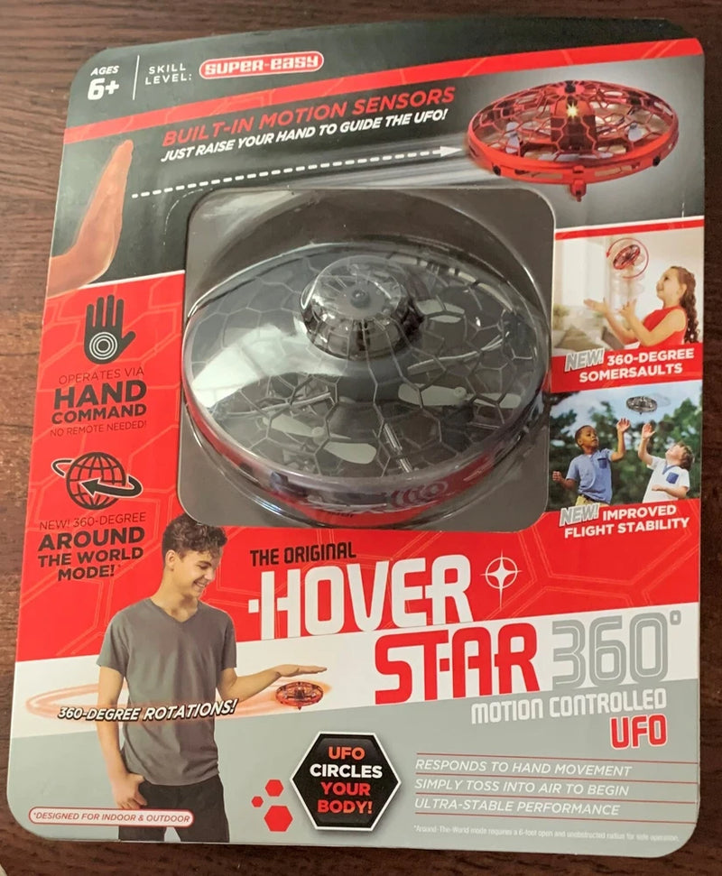 Hover Star 360 UFO hover drone, red translucent dome and dark base in box