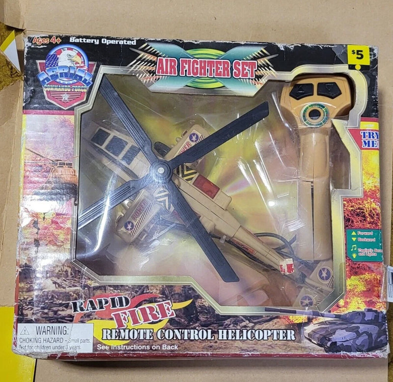 Remote control helicopter toy in retail box, with handheld controller and air-fighter design