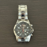 Men's Seiko chronograph watch with black dial, metal bracelet, three subdials