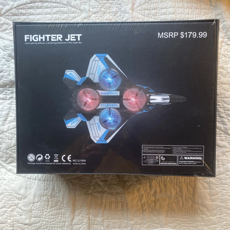 Fighter jet drone retail box with blue and red jet graphic