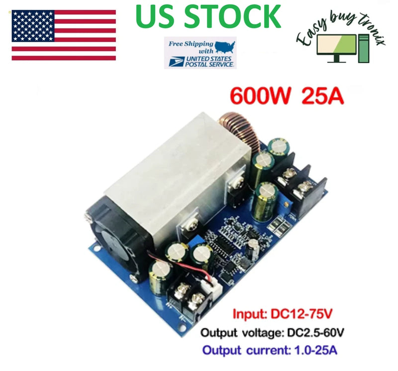 DC-DC buck converter module with blue PCB, inductor and capacitors, 600W 25A, input DC12-75V