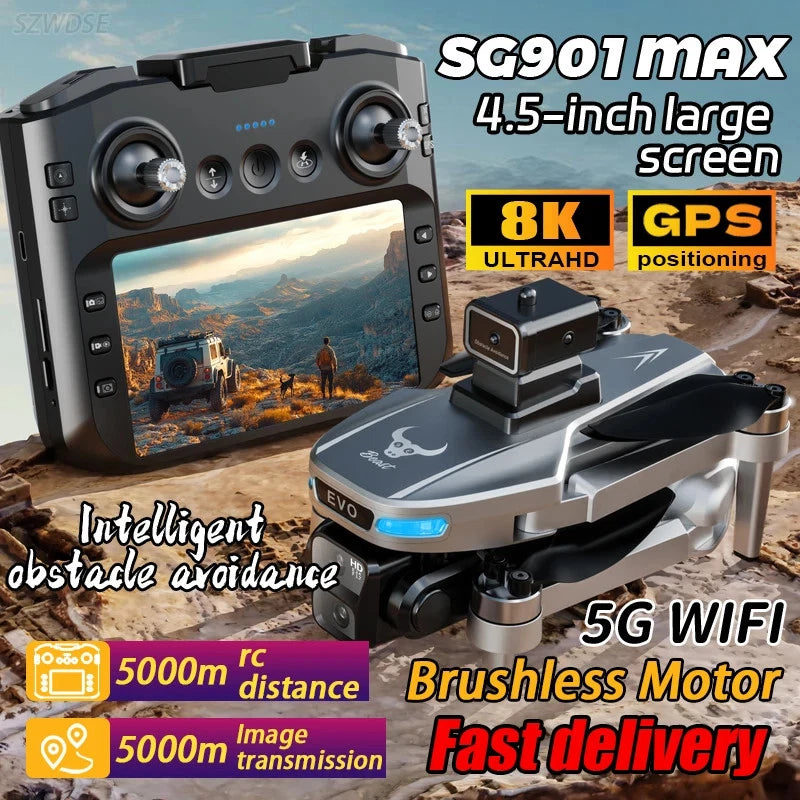 GPS drone with obstacle avoidance, gray body and forward camera on landing gear