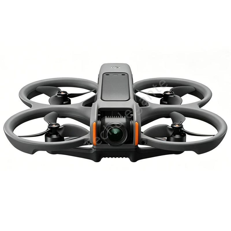 Gray quadcopter drone with four propellers and front camera module