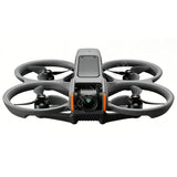 Gray quadcopter drone with four propellers and front camera module