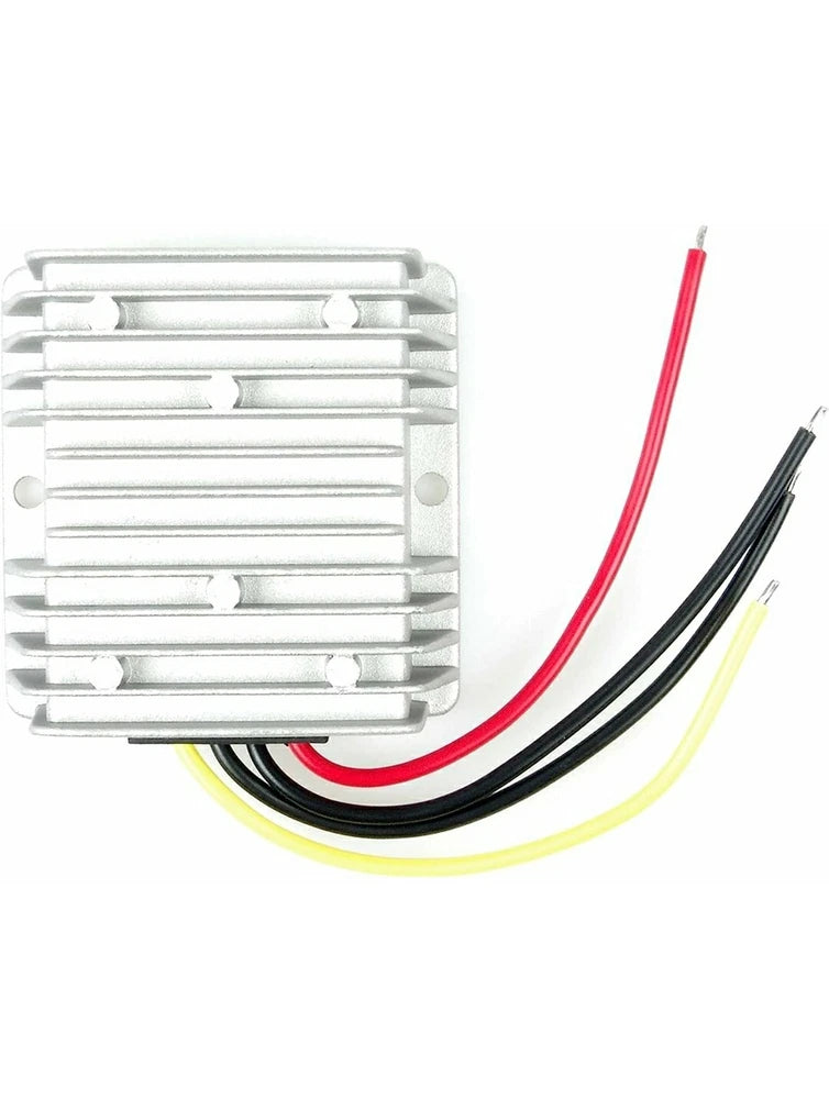 DC step-up converter module with metal heatsink and red/black/yellow wires