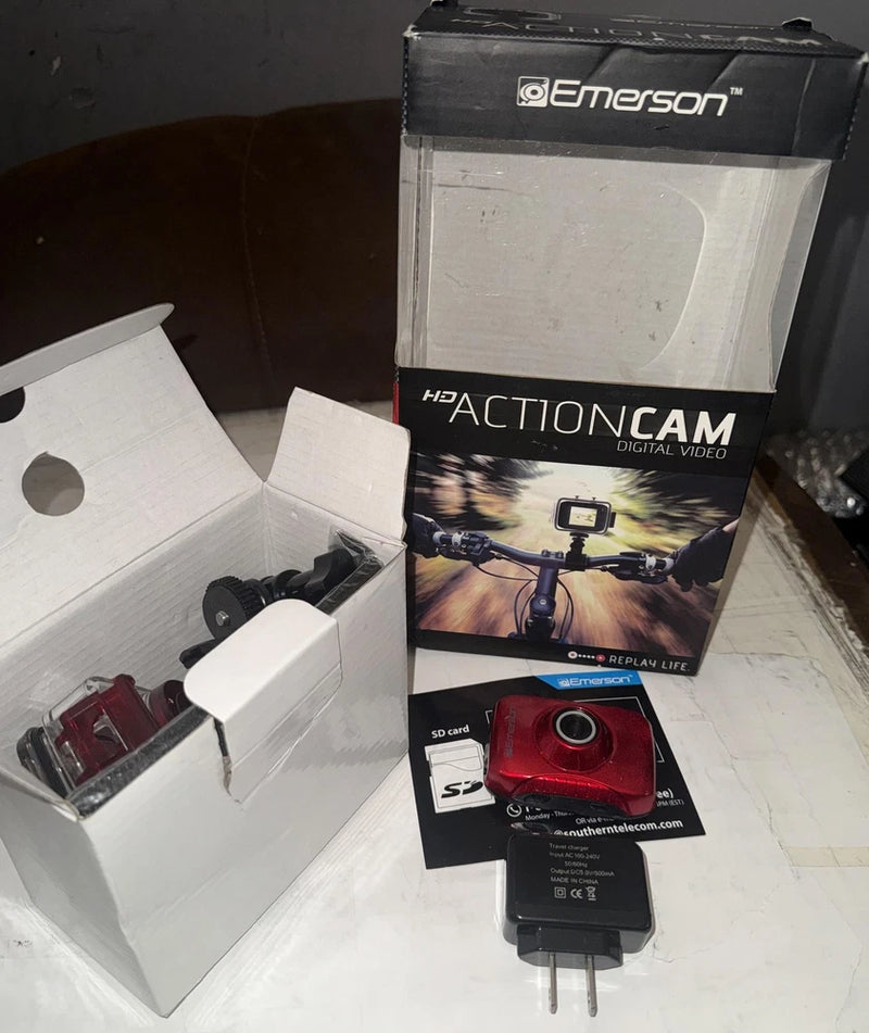 Emerson HD ActionCam Digital Video Camera Waterproof Red W/ Charger Mounts