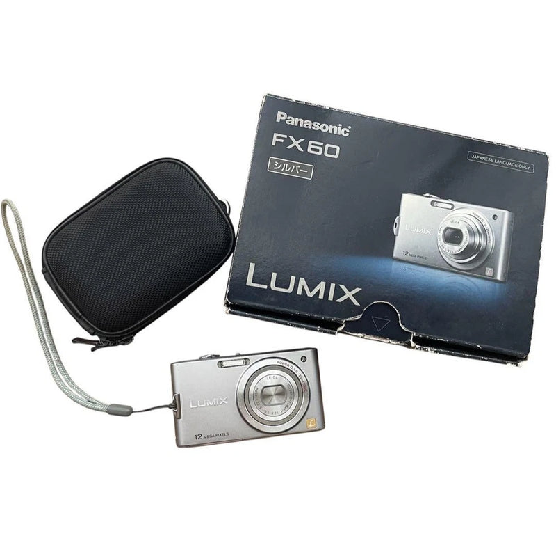 Panasonic LUMIX FX60 silver compact digital camera with black case and neck strap