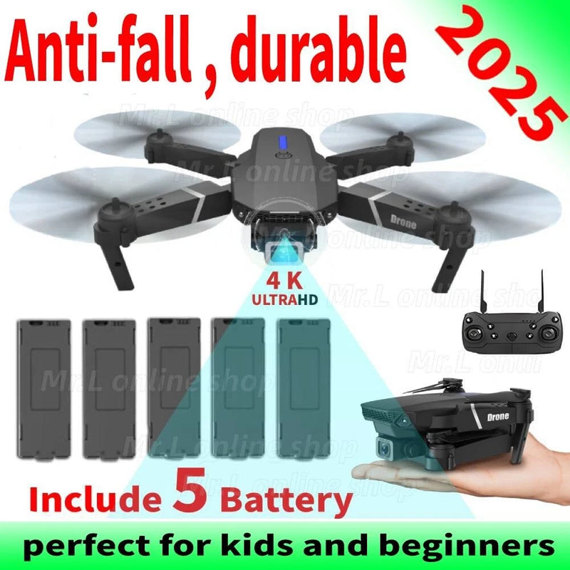 Foldable RC quadcopter drone with 4K camera, controller, and extra batteries